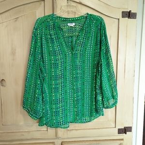 Old Navy Polka Dot 3/4 Sleeve Green Blue White Sheer Blouse XXL